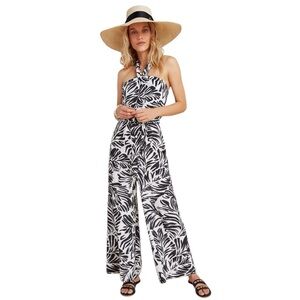 Anthropologie Willow Monaco Print Halter Jumpsuit S‎ Wide Leg Ivory/White Black